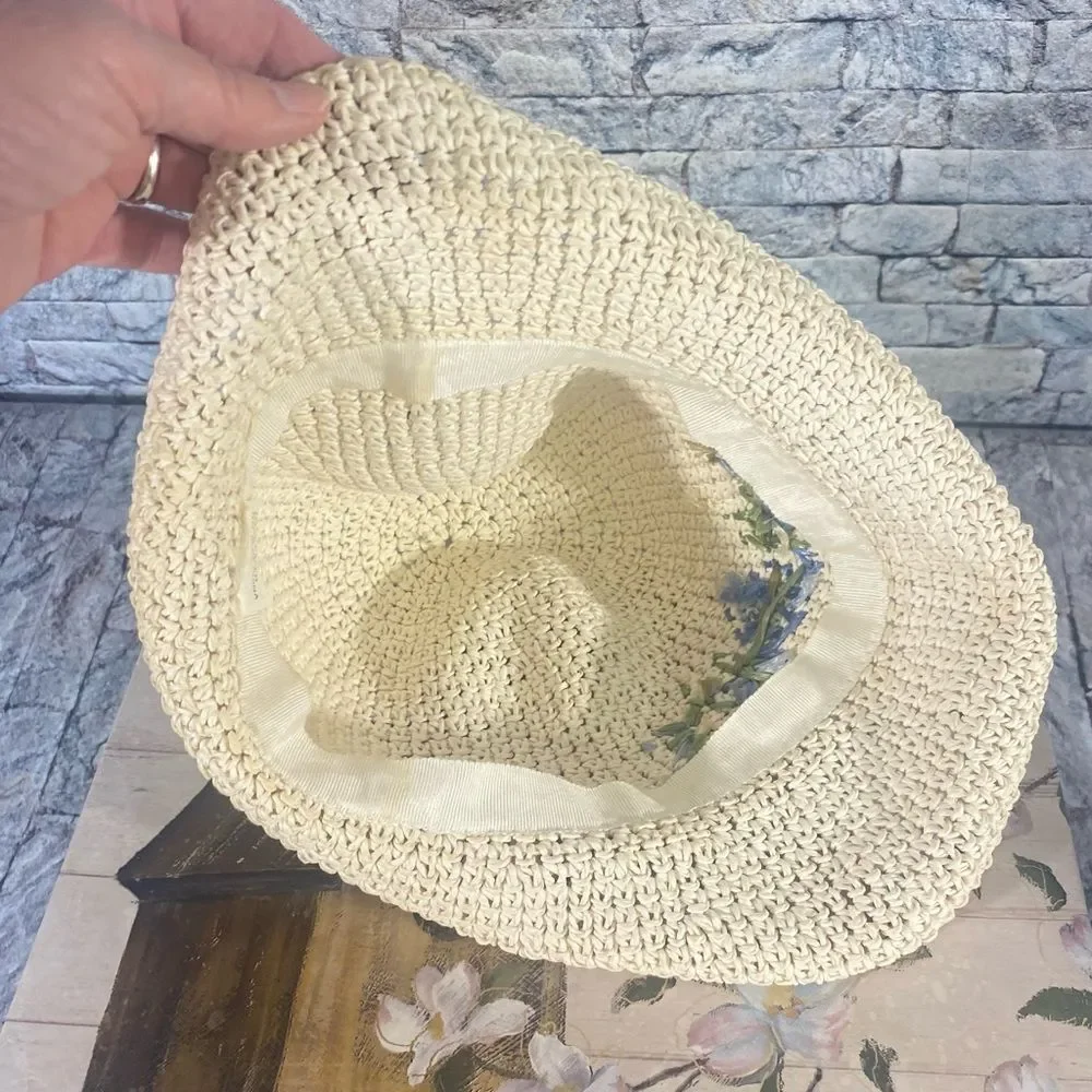 Vintage Woven Summer Hat Floppy Brim Embroidered 100% Woven Paper